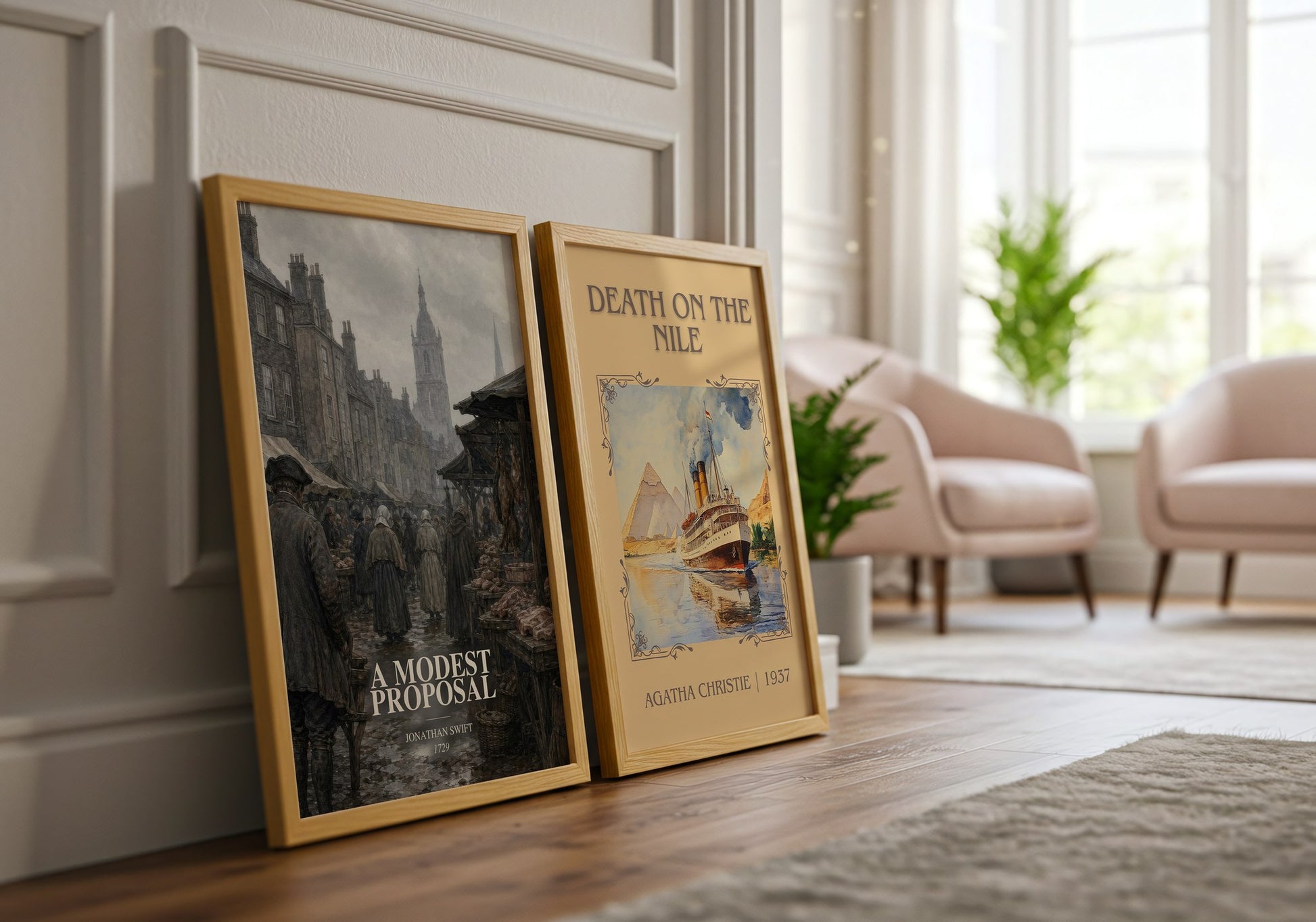 A Modest Proposal watercolour print framed by window – literary home decor