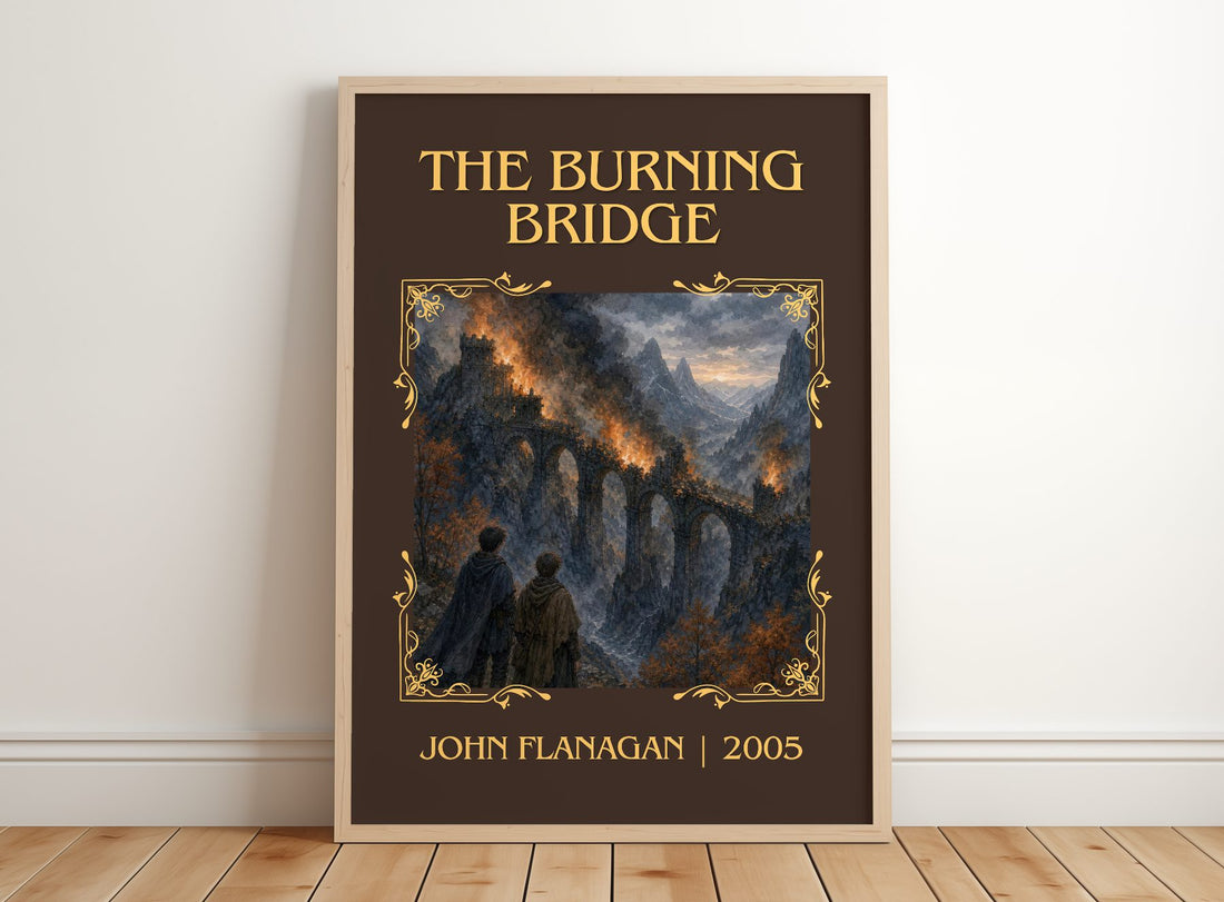 The Burning Bridge Classic Book Art Print by John Flanagan – framed print leaning on a wooden floor