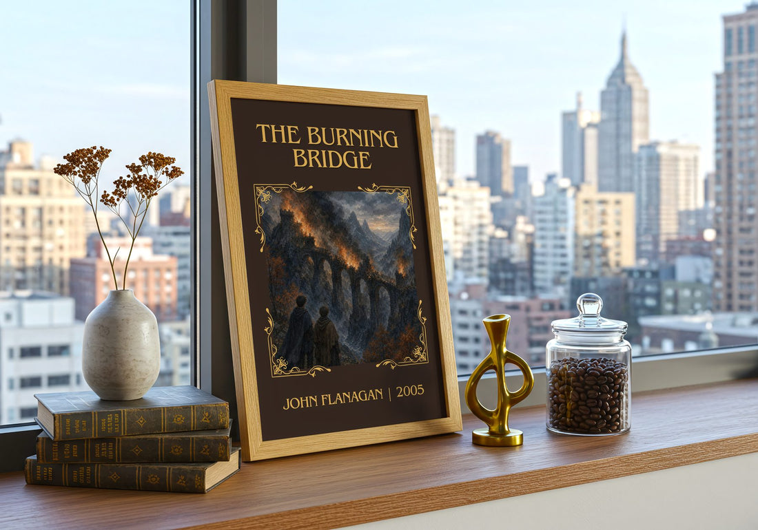 The Burning Bridge Classic Book Art Print by John Flanagan – framed print on a city-view windowsill