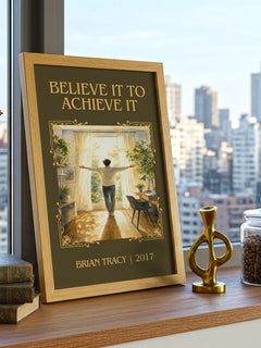 Believe It to Achieve It Classic Book Art Print by Brian Tracy – framed print on a city-view windowsill