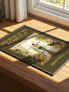Believe It to Achieve It Classic Book Art Print by Brian Tracy – print on a sunlit desk
