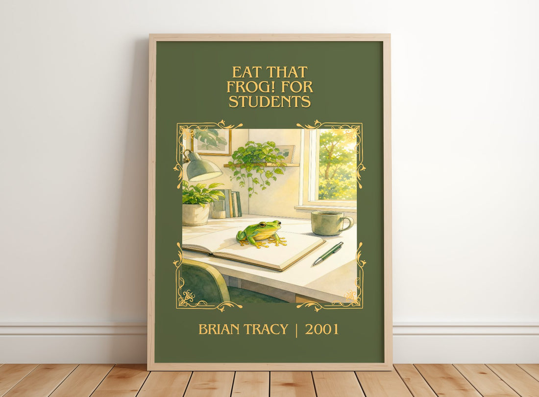 Eat That Frog! for Students Classic Book Art Print by Brian Tracy – framed print leaning on a wooden floor