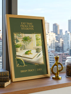 Eat That Frog! for Students Classic Book Art Print by Brian Tracy – framed print on a city-view windowsill