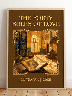 The Forty Rules of Love Classic Book Art Print by Elif Şafak – framed print leaning on a wooden floor