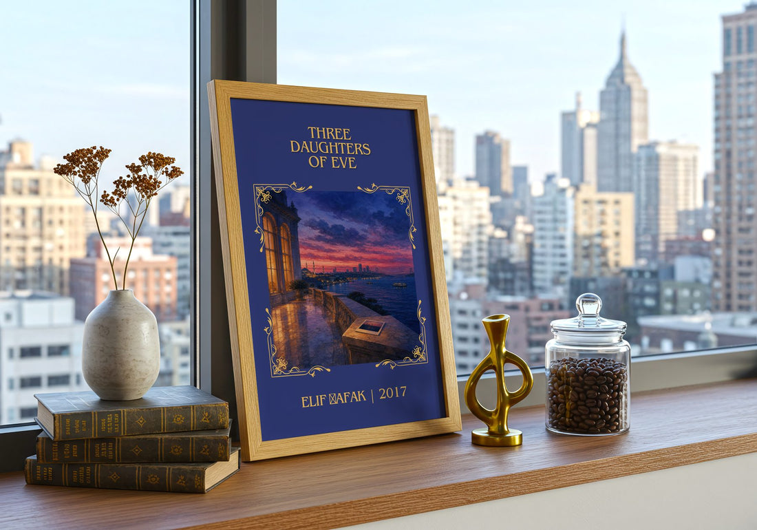 Three Daughters of Eve Classic Book Art Print by Elif Şafak – framed print on a city-view windowsill