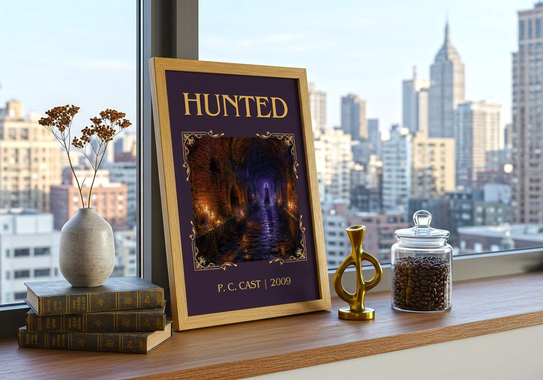 Hunted Classic Book Art Print by P. C. Cast – framed print on a city-view windowsill