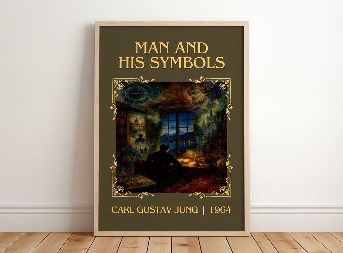 Man and His Symbols Classic Book Art Print by Carl Gustav Jung – framed print leaning on a wooden floor