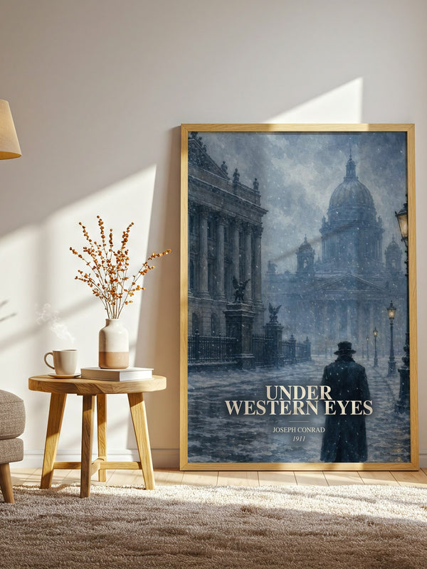 Under Western Eyes watercolour print in frame leaning in hallway – classic literature wall art