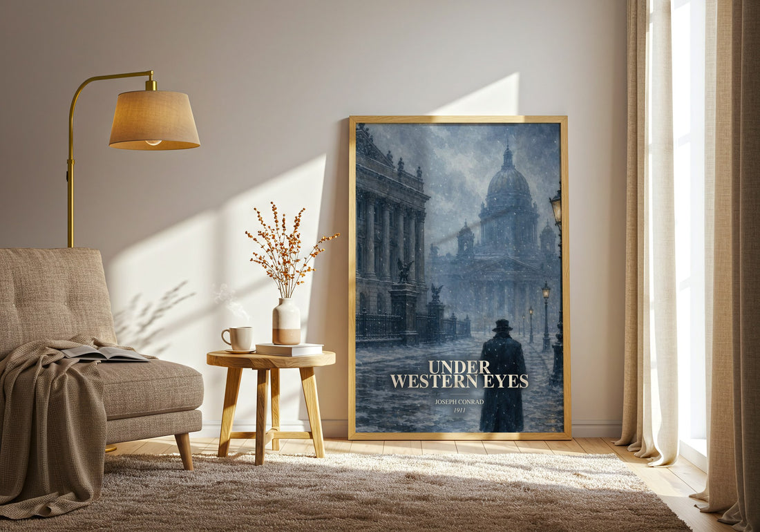 Under Western Eyes watercolour print in frame leaning in hallway – classic literature wall art (mockup)