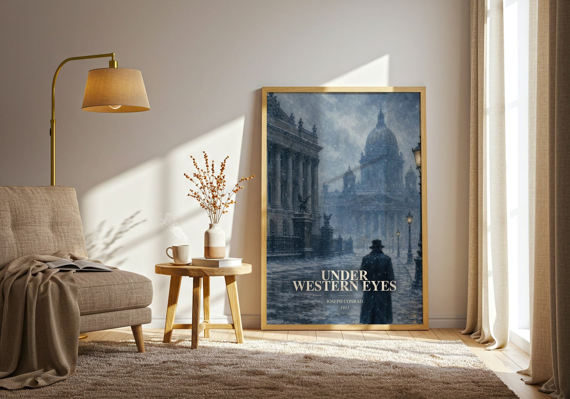 Under Western Eyes watercolour print in frame leaning in hallway – classic literature wall art