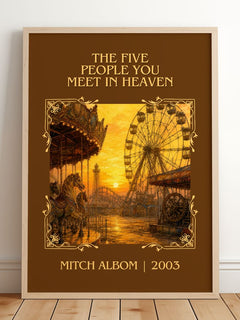 Five People You Meet in Heaven Classic Book Art Print by Mitch Albom – framed print leaning on a wooden floor