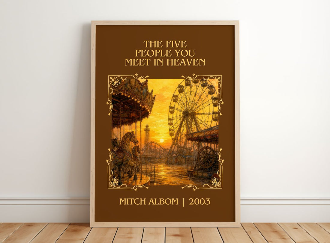 Five People You Meet in Heaven Classic Book Art Print by Mitch Albom – framed print leaning on a wooden floor