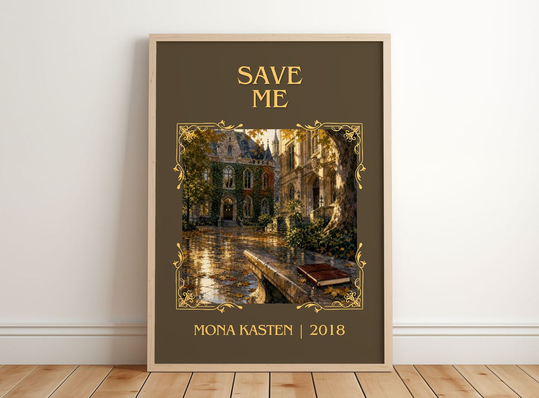 Save Me Classic Book Art Print by Mona Kasten – framed print leaning on a wooden floor