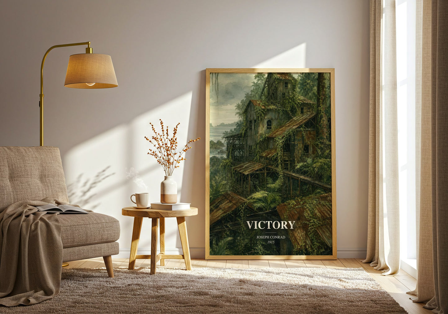 Victory watercolour print in frame leaning in hallway – literary fiction wall art