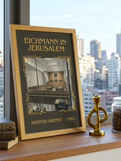 Eichmann in Jerusalem Classic Book Art Print by Hannah Arendt – framed print on a city-view windowsill
