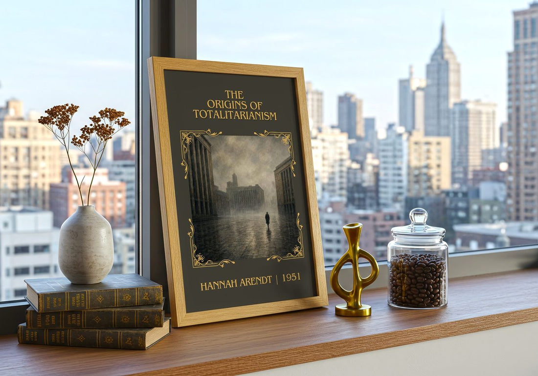 The Origins of Totalitarianism Classic Book Art Print by Hannah Arendt – framed print on a city-view windowsill