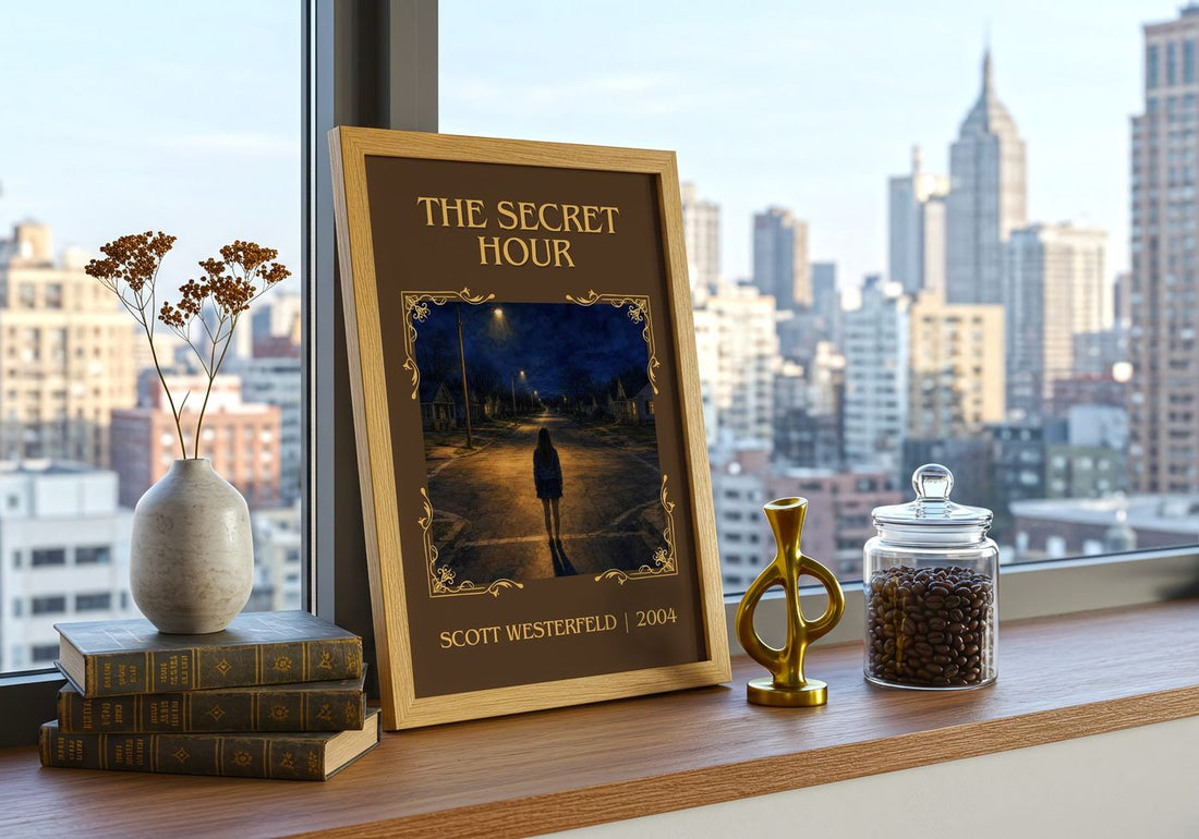 The Secret Hour Classic Book Art Print by Scott Westerfeld – framed print on a city-view windowsill