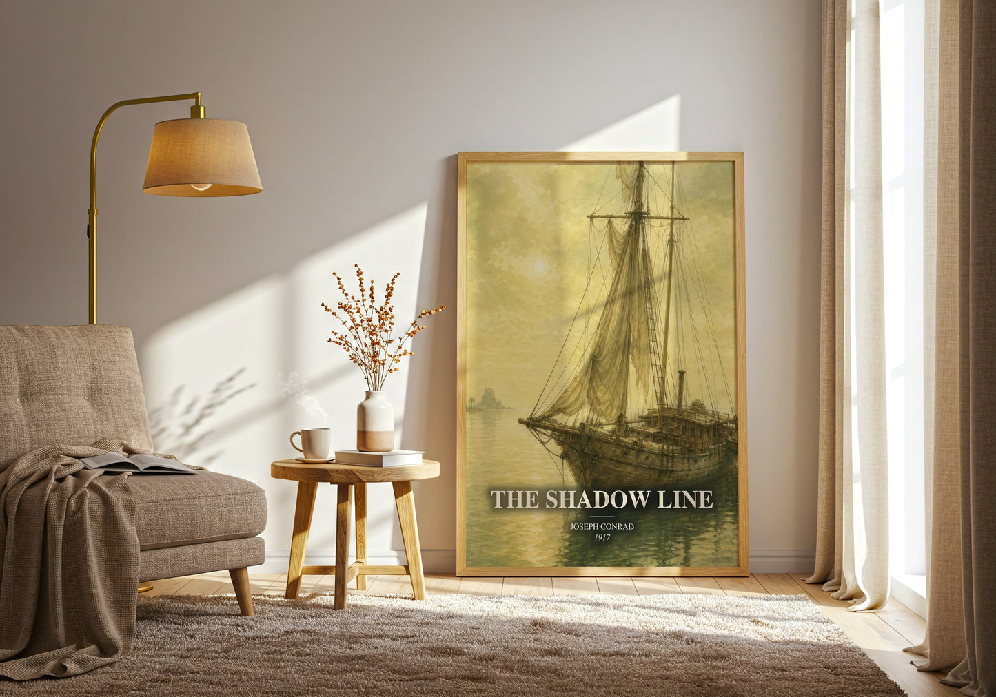 The Shadow Line watercolour print in frame leaning in hallway – adventure wall art