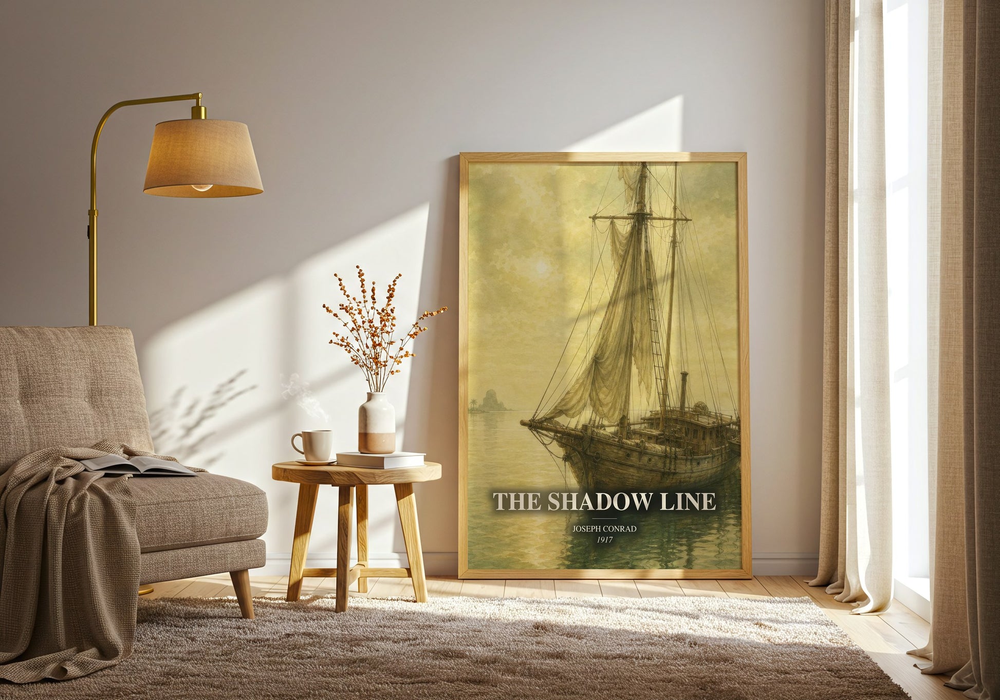 The Shadow Line watercolour print in frame leaning in hallway – adventure wall art