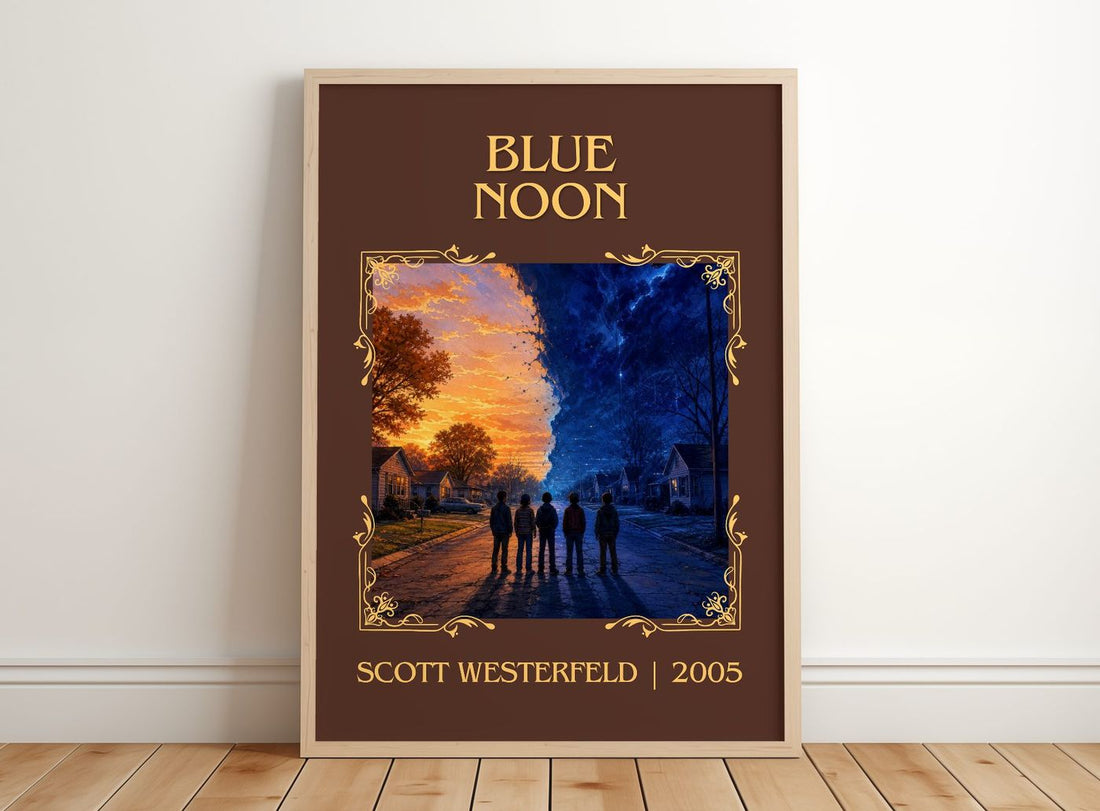 Blue Noon Classic Book Art Print by Scott Westerfeld – framed print leaning on a wooden floor