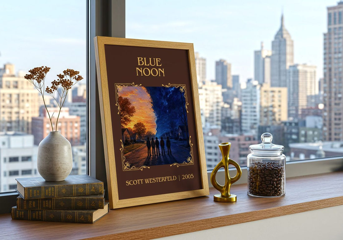 Blue Noon Classic Book Art Print by Scott Westerfeld – framed print on a city-view windowsill