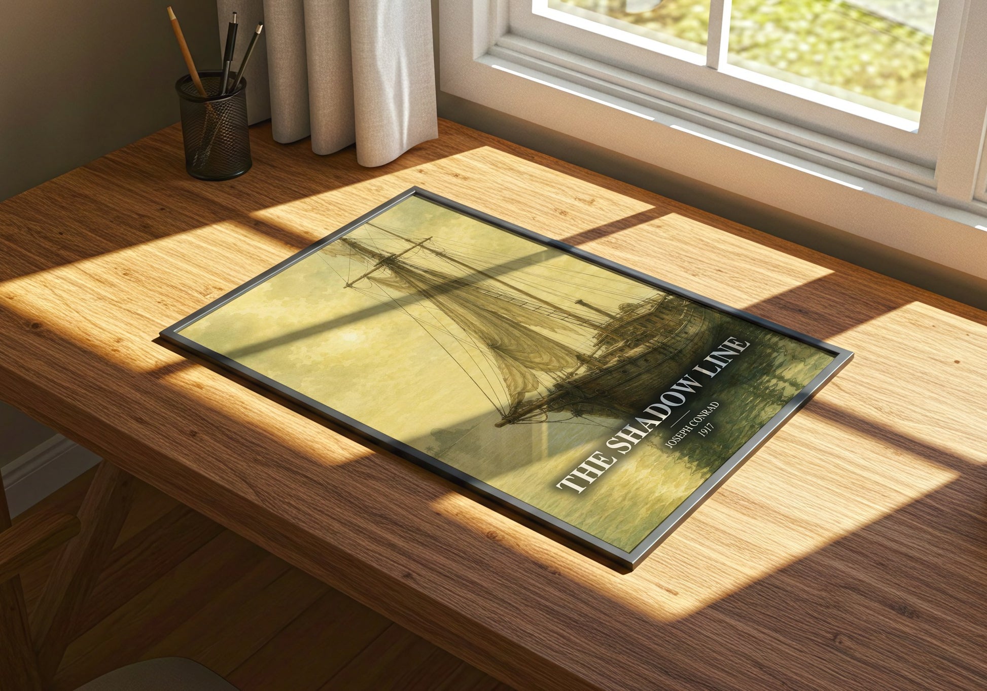 The Shadow Line watercolour book poster framed on wall – adventure wall art