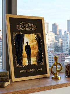 Act Like a Success, Think Like a Success Classic Book Art Print by Steve Harvey – framed print on a city-view windowsill
