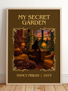 My Secret Garden Classic Book Art Print by Nancy Friday – framed print leaning on a wooden floor