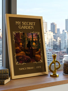 My Secret Garden Classic Book Art Print by Nancy Friday – framed print on a city-view windowsill