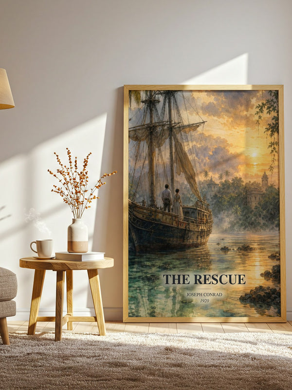 The Rescue watercolour print in frame leaning in hallway – adventure wall art
