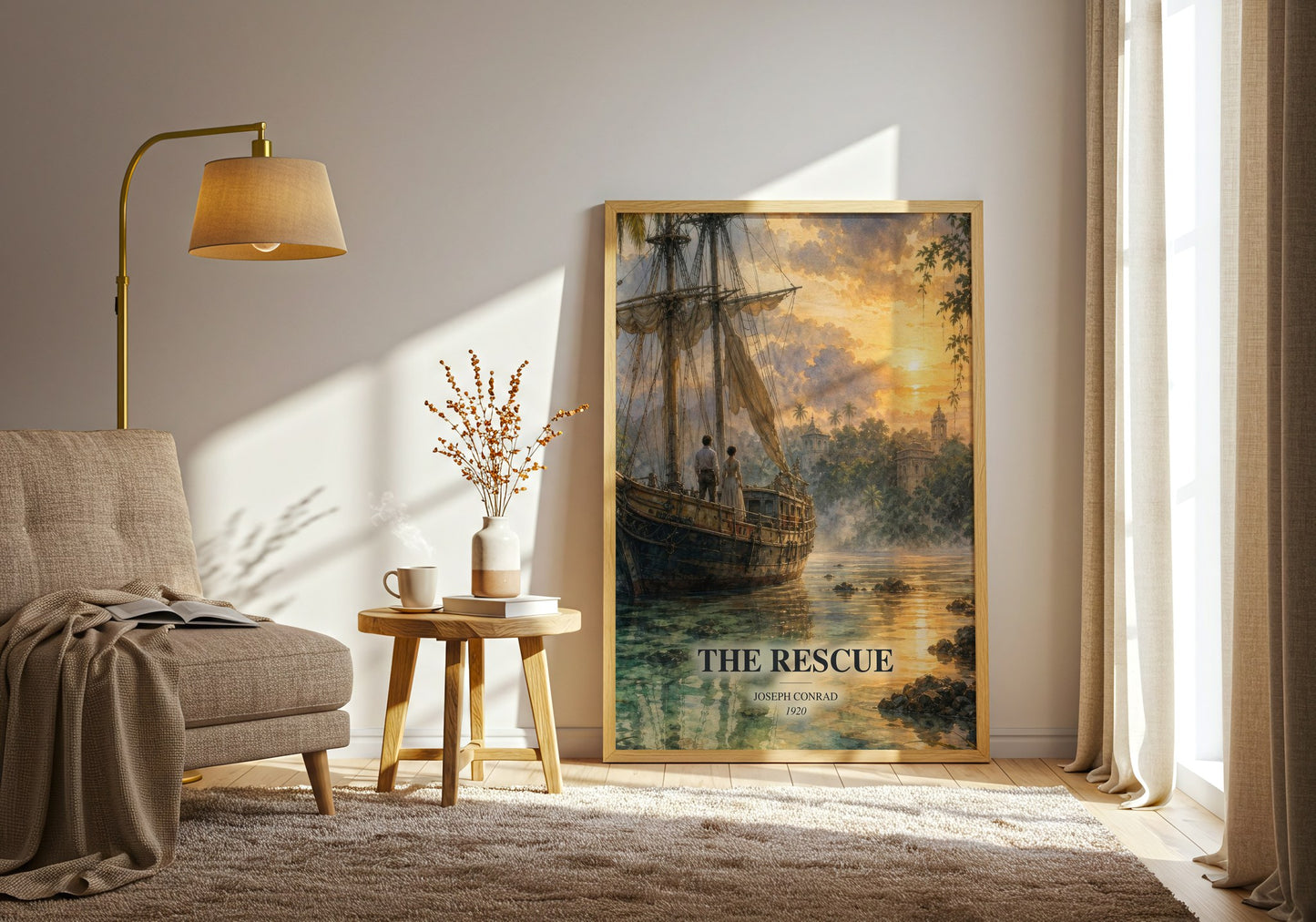 The Rescue watercolour print in frame leaning in hallway – adventure wall art