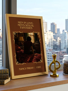 Men in Love: Men's Sexual Fantasies Classic Book Art Print by Nancy Friday – framed print on a city-view windowsill
