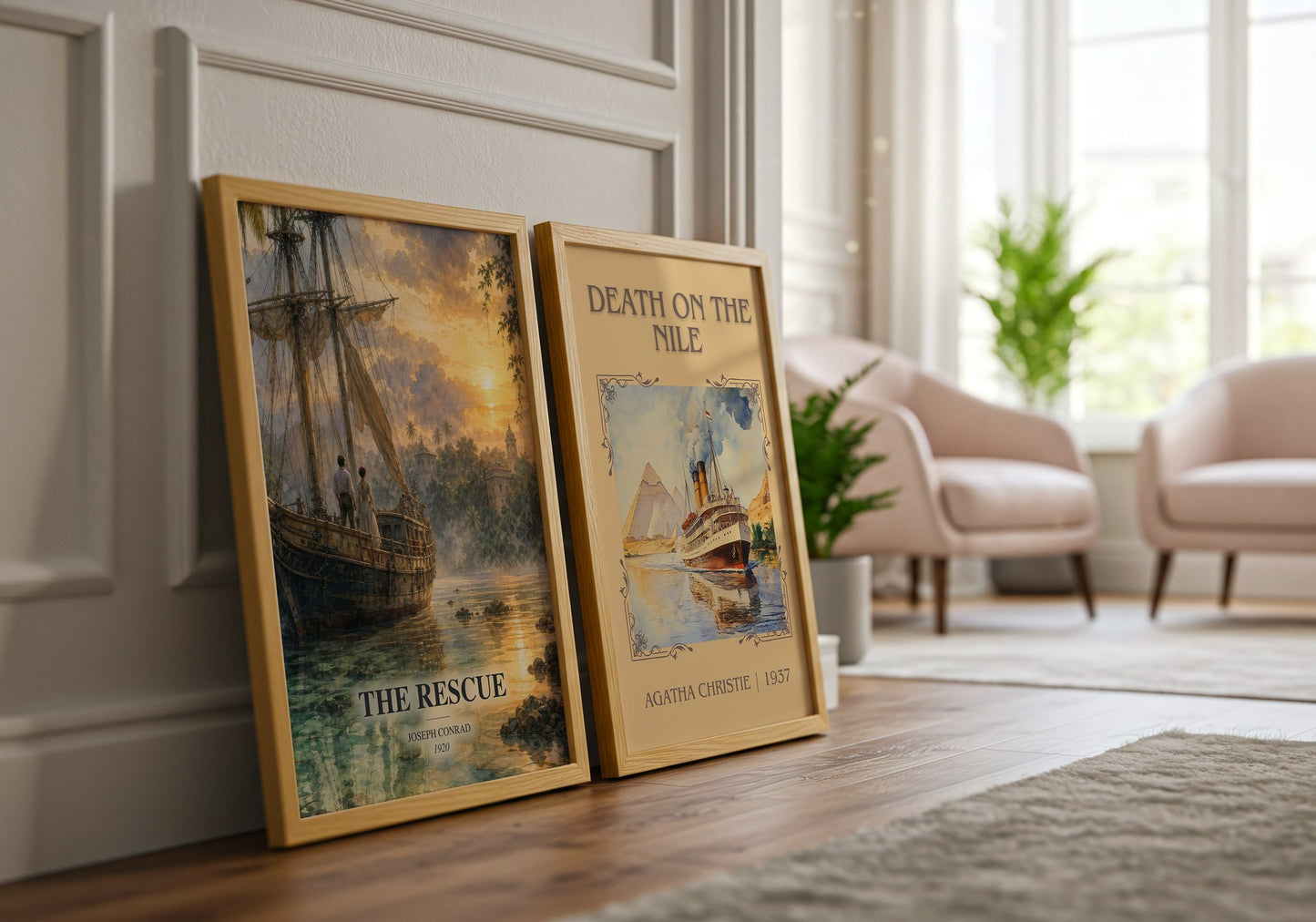 The Rescue watercolour print framed by window – literary home decor