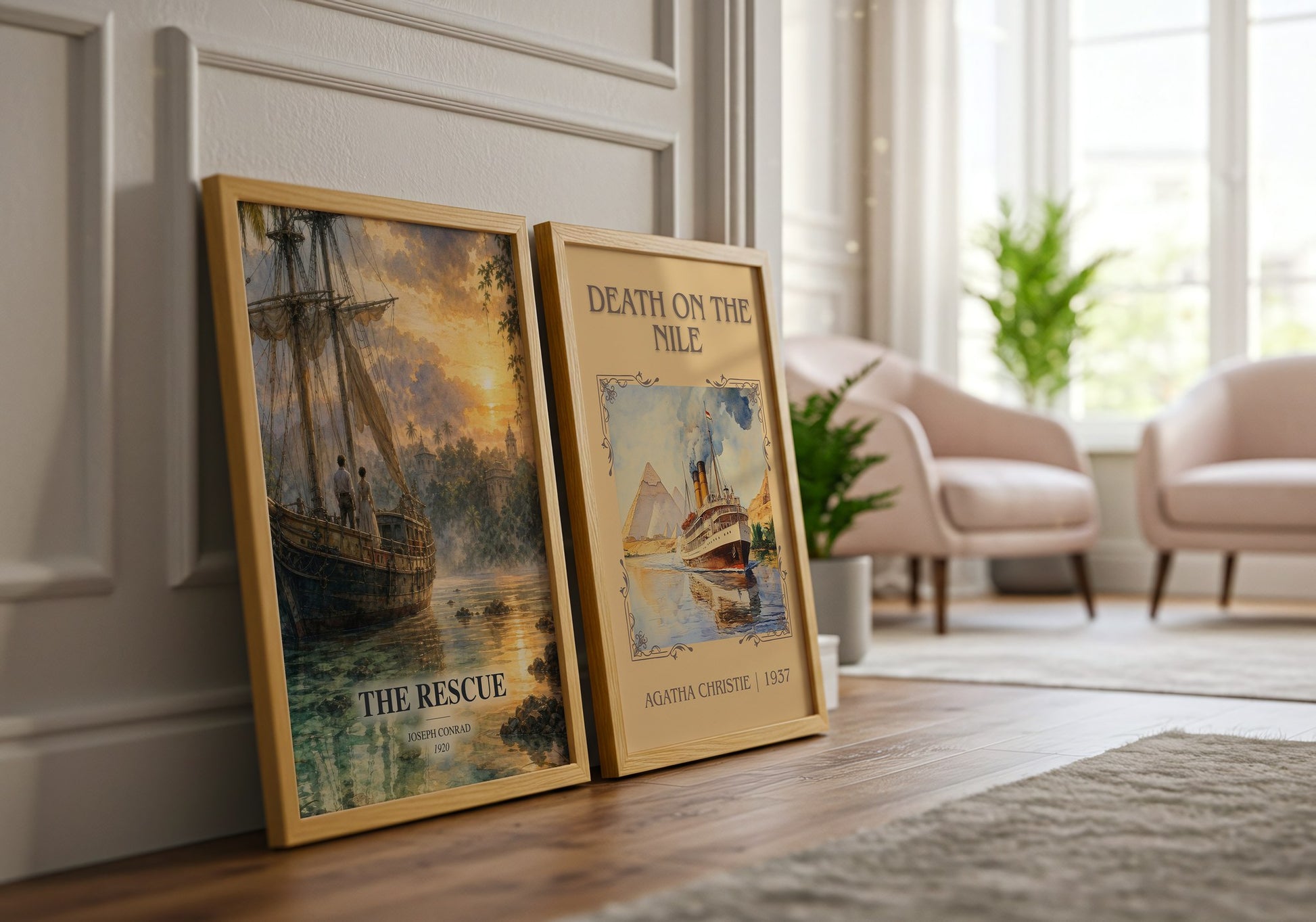 The Rescue watercolour print framed by window – literary home decor