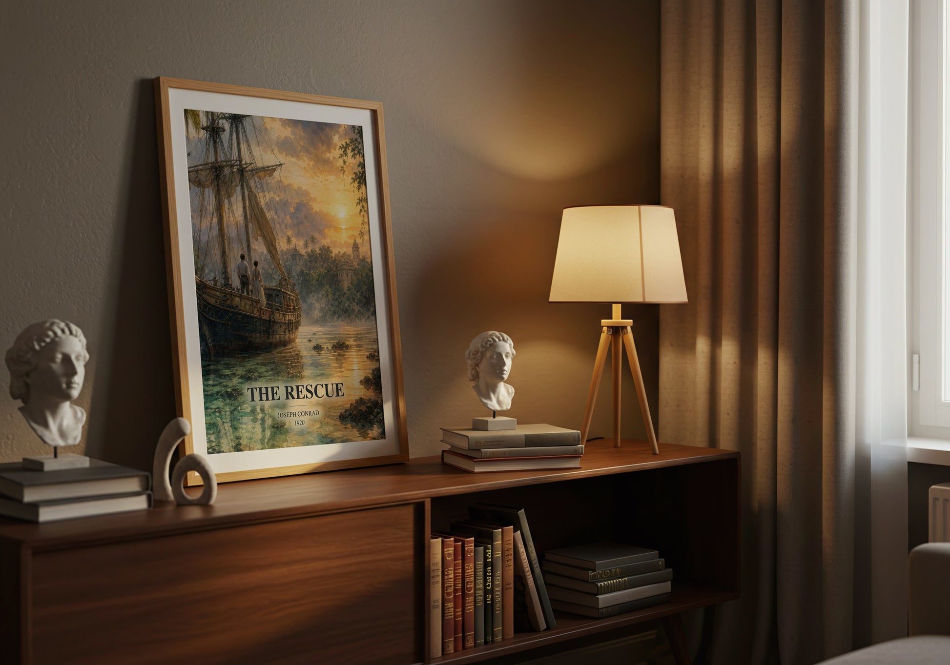 The Rescue watercolour print on bookshelf – Joseph Conrad fan gift