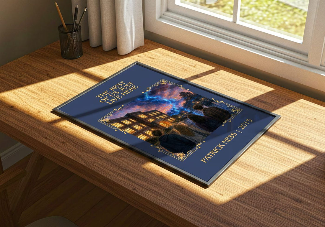 The rest of us just live here Classic Book Art Print by Patrick Ness – print on a sunlit desk