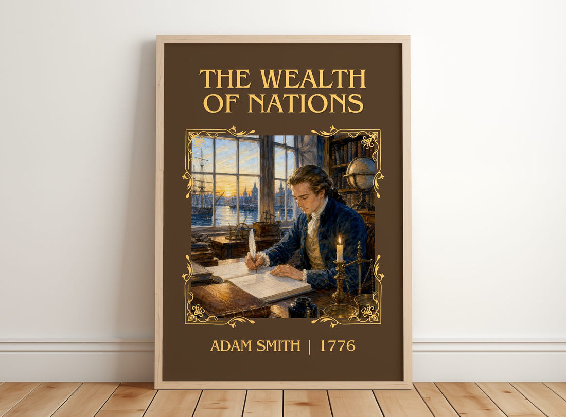 The Wealth of Nations Classic Book Art Print by Adam Smith – framed print leaning on a wooden floor