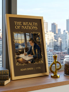 The Wealth of Nations Classic Book Art Print by Adam Smith – framed print on a city-view windowsill