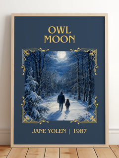 Owl Moon Classic Book Art Print by Jane Yolen – framed print leaning on a wooden floor