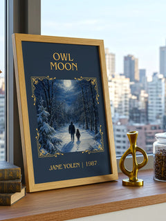 Owl Moon Classic Book Art Print by Jane Yolen – framed print on a city-view windowsill