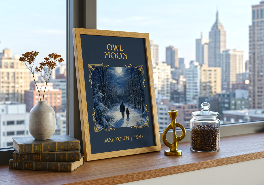 Owl Moon Classic Book Art Print by Jane Yolen – framed print on a city-view windowsill