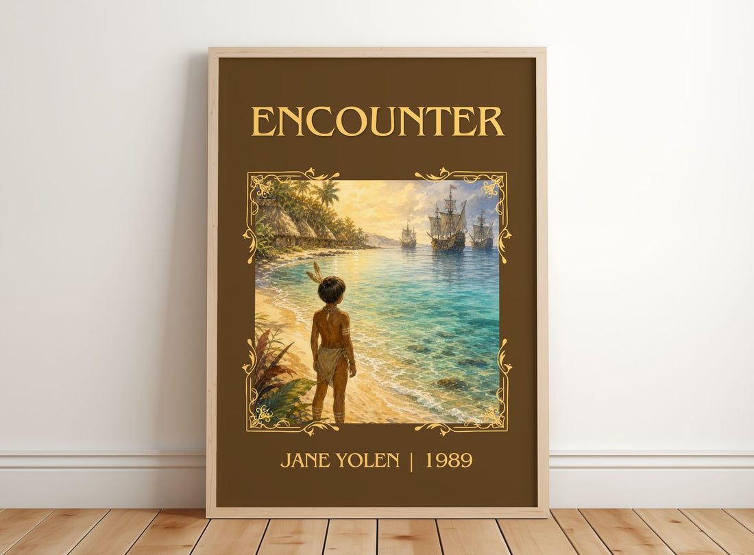 Encounter Classic Book Art Print by Jane Yolen – framed print leaning on a wooden floor