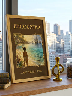 Encounter Classic Book Art Print by Jane Yolen – framed print on a city-view windowsill