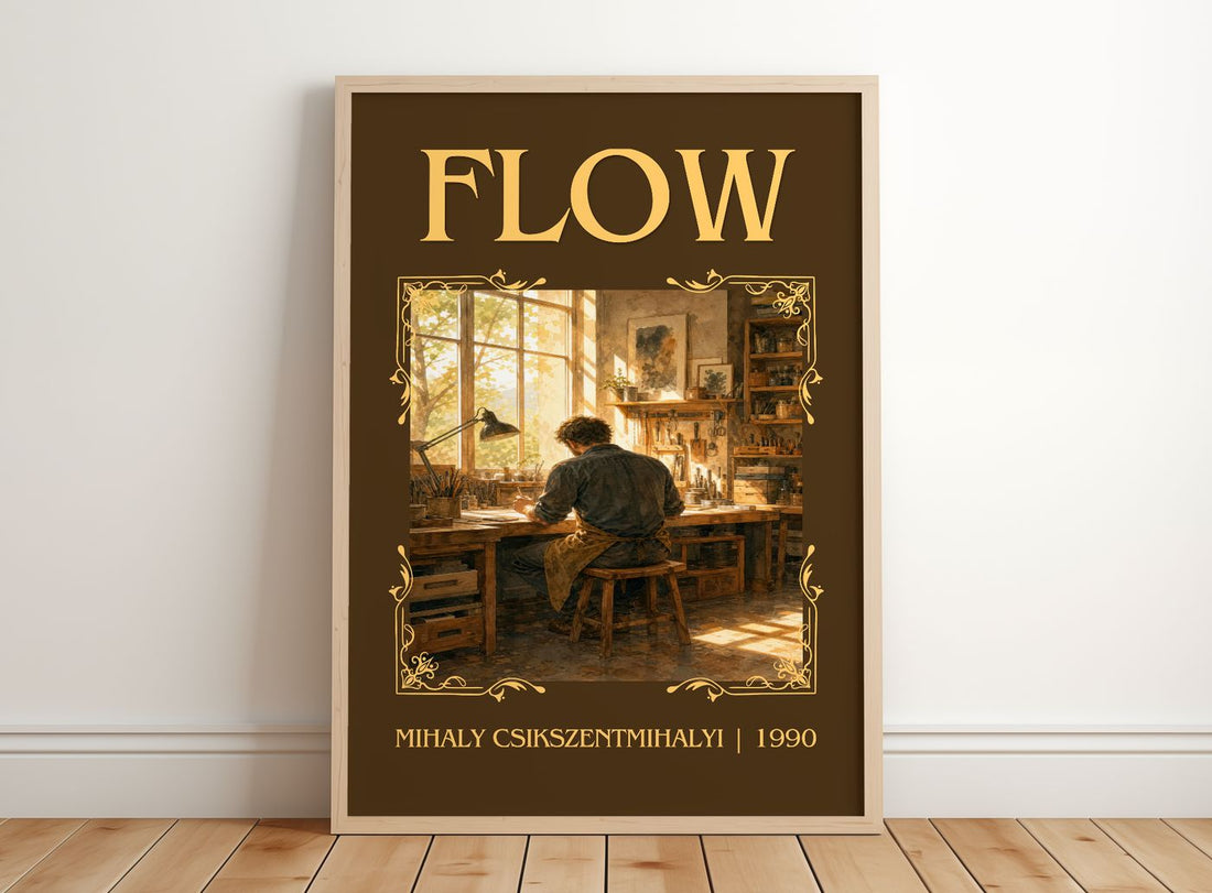 Flow Classic Book Art Print by Mihaly Csikszentmihalyi – framed print leaning on a wooden floor