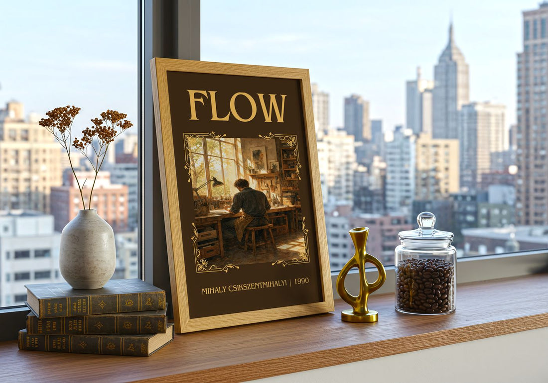 Flow Classic Book Art Print by Mihaly Csikszentmihalyi – framed print on a city-view windowsill