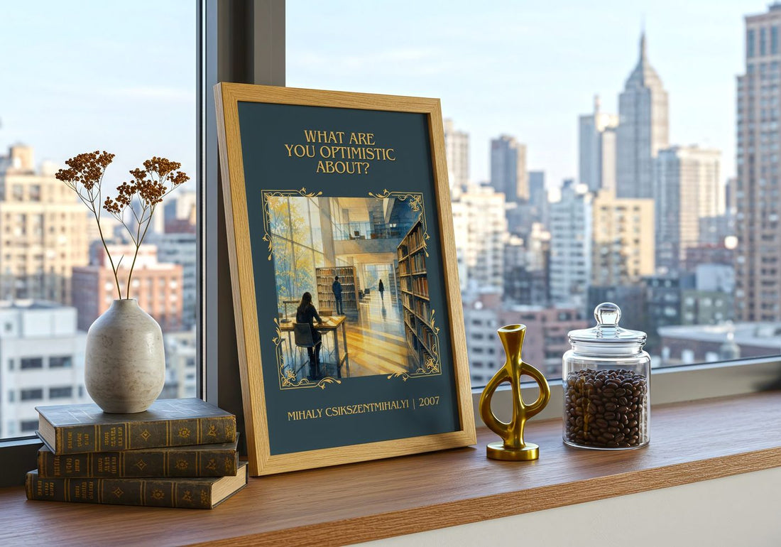 What Are You Optimistic About? Classic Book Art Print – framed print on a city-view windowsill