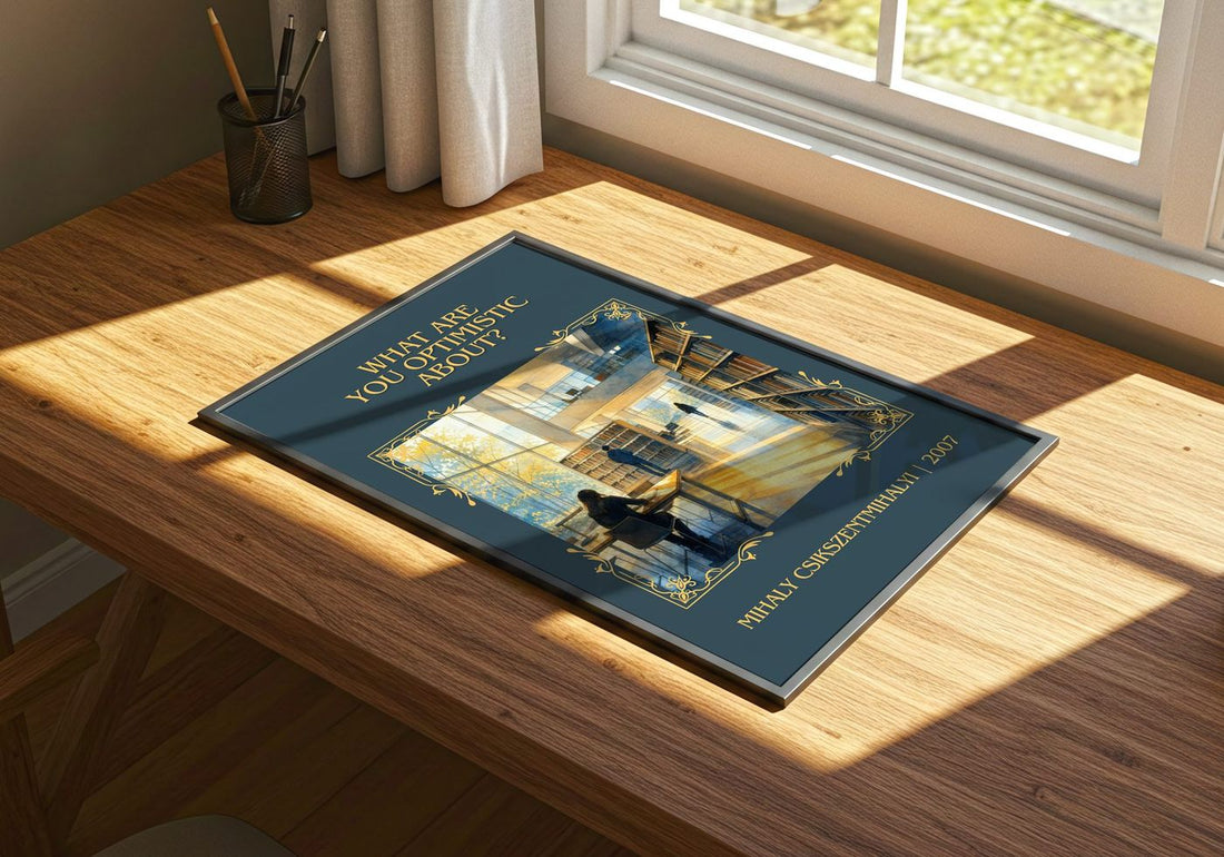 What Are You Optimistic About? Classic Book Art Print – print on a sunlit desk