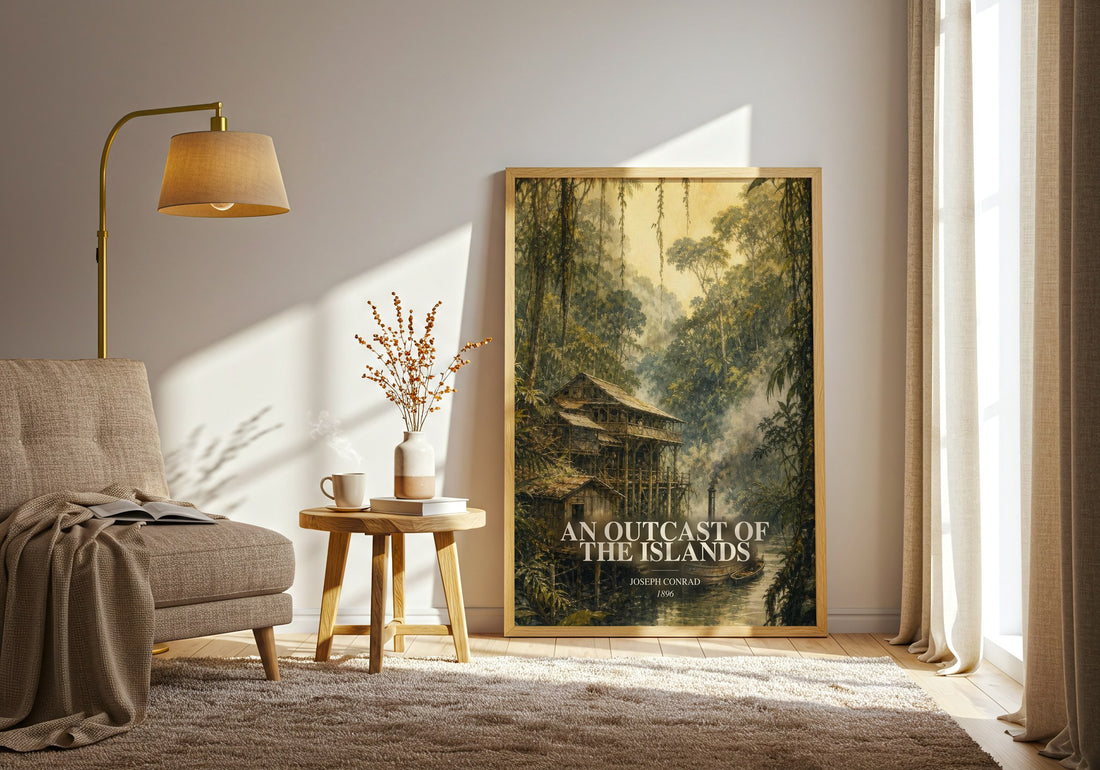 An Outcast Of The Islands watercolour print in frame leaning in hallway – classic literature wall art (mockup)
