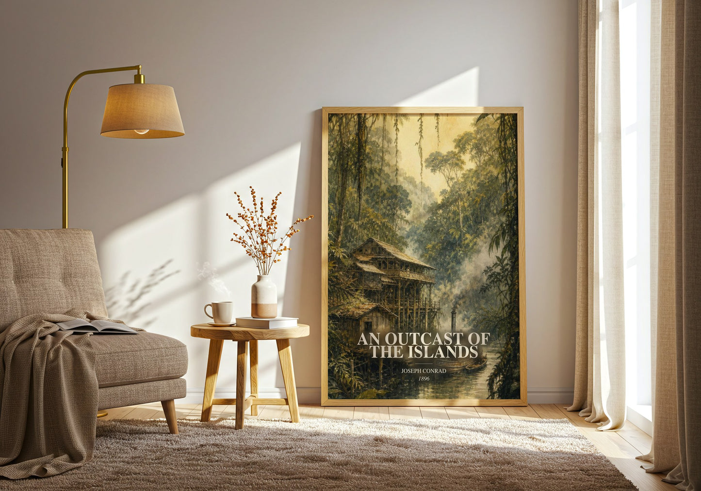 An Outcast Of The Islands watercolour print in frame leaning in hallway – classic literature wall art