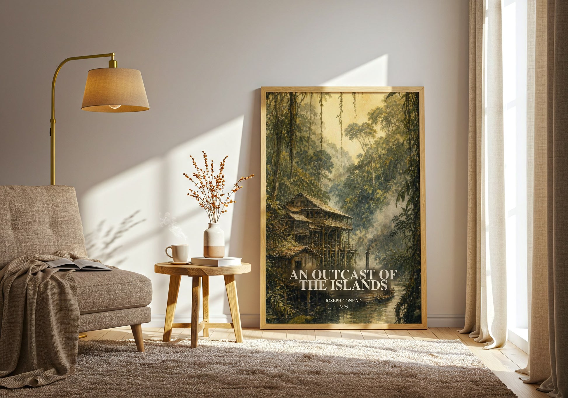 An Outcast Of The Islands watercolour print in frame leaning in hallway – classic literature wall art